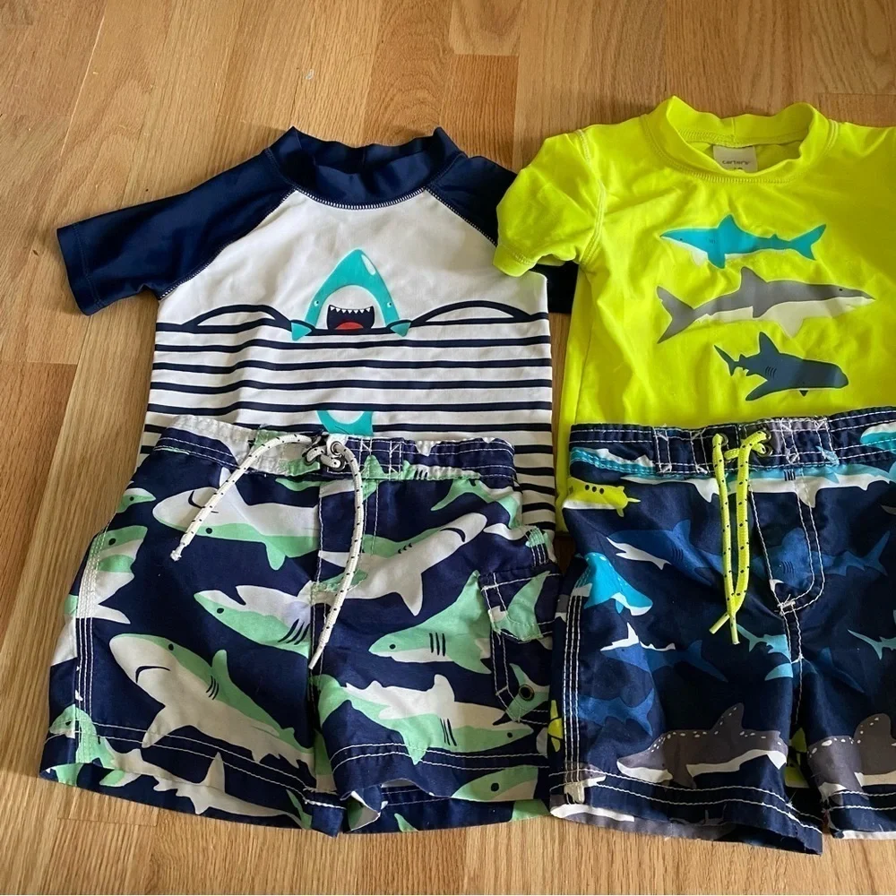 18 mos Boys Swim Bundle Lot Rash Guard Shorts Kids Shark Set - Blue and Green